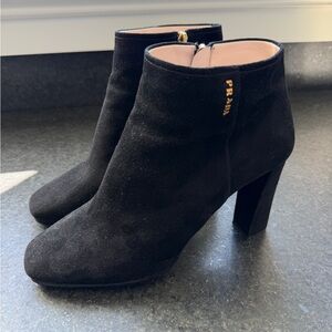 Prada Black Suede Ankle Booties with Gold Logo
